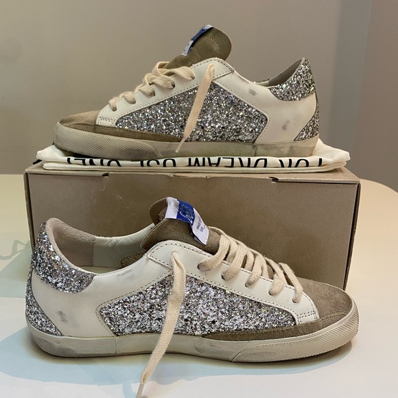 Golden Goose Superstar Sneaker White Leather/Silver Glitter/Taupe Suede 38 NIB - Picture 7 of 15